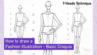 How to draw a Fashion Illustration  Step by step  Basic Croquis in front Pose  9 Heads [upl. by Naveb]