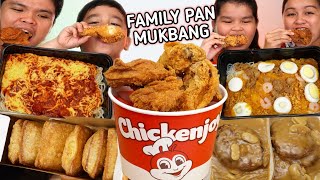 JOLLIBEE FAMILY PAN MUKBANG  SPAGHETTI PAN  CHICKEN JOY  PALABOK PAN  BURGER STEAK  SWEET PIES [upl. by Dnomzed232]