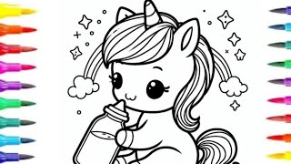 A cute Baby Unicorn 🦄With milk bottle Drawing colouring and painting for kids and toddler [upl. by Nohsal]