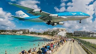 BOEING 747 low LANDING above THE BEACH  St Maarten and Maho Beach 4K [upl. by Wixted303]