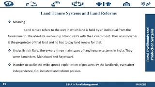 BBA RM  Rural Livelihood C3  S1  Land Tenure System and Land Reforms [upl. by Nosnar]