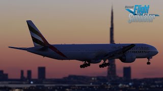 MSFS  PMDG 777  Dubai Sunset landing with ARPC Sky Mod [upl. by Cele380]