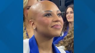 Cowboys cheerleader with alopecia cheers without wig for My Cause My Boots night [upl. by Emmott959]