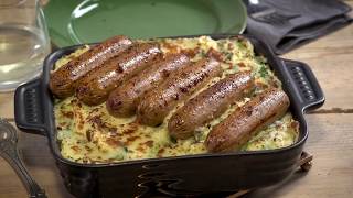 Vegetarian Recipe Cumberland Sausages with Baked Seasonal Colcannon [upl. by Nwahsyd]