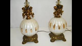 ANTIQUE VINTAGE MID CENTURY PAIR WHITE GLOBE CHERUB GOLD ANGEL TABLE LAMPS [upl. by Nyer]