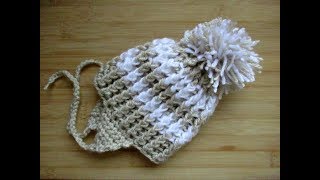 Easy crochet Baby hat Pom Pom tutorial 612 months Ear flaps Happy Crochet Club [upl. by Okoyk917]