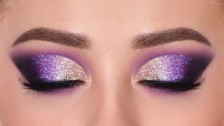 GOLD amp PURPLE Glitter Smokey Eye Makeup Tutorial  affordable [upl. by Ramor]