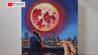 How to Acrylic painting Full Moon City Lights Night on Canvas Step by Step Techniques for Beginners [upl. by Anelet]