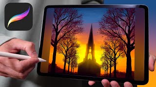 Church sunset  Procreate tutorial 204 [upl. by Kotick]