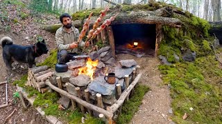 Building a WOOD and ROCK SHELTER for 3 Days SURVIVAL Fireplace Quail Cooking BUSHCRAFT Camping [upl. by Cedar]