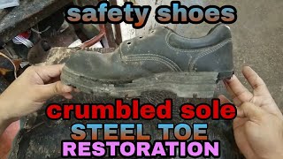 SAFETY SHOES REPAIRCRUMBLED SOLE STEEL TOE RESTORATION SHOETRICKS SHOEREPAIR [upl. by Drarehs543]