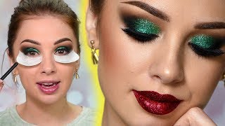 Sparkly Christmas Makeup Tutorial  Green Glitter Smokey Eye [upl. by Ardnaek]