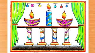 Beautiful amp Easy Diwali Drawing  Step By Step Diwali Drawing  Diwali Diya Drawing  Happy Diwali [upl. by Nowujalo]