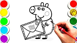 Peppa pig with envelope drawing and coloring for kids and toddlers Easy peppa pig drawing [upl. by Ettenim]