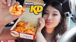 Trying The NEW Little Caesars KRAFT MAC amp CHEESE CRAZY PUFFS  First Mukbang Post Partum [upl. by Nairadas]