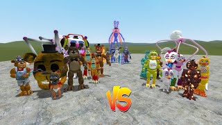 ALL FREDDYS VS ALL BONNIES VS ALL CHICAS VS ALL FOXYS ALL FNAFs 1 9 SECURITY BREACH In Garrys Mod [upl. by Ailad]