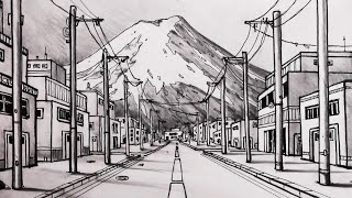 How to Draw a Road in OnePoint Perspective and Street View of Mt Fuji Narrated [upl. by Nyrehtak]