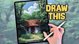 PROCREATE Landscape DRAWING Tutorial in EASY Steps  Secret Forest Hut [upl. by Giarg]