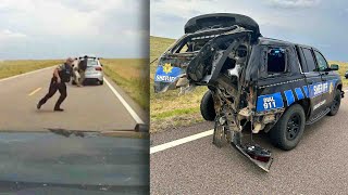 Car Crashes Into Police Car in the Middle of Empty Highway [upl. by Arahas584]