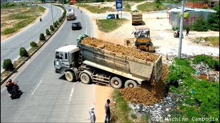 Incredible Moment HYUNDAI Dump Truck Pour Stone Out Of The Near Highway Road amp Dozer Leveling Stone [upl. by Piero]