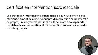 Présentation du certificat en intervention psychosociale [upl. by Natalya822]