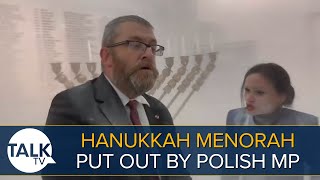 Hanukkah Menorah Put Out With Fire Extinguisher By Polish MP Grzegorz Braun [upl. by Alaehcim]