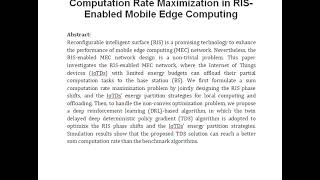 Deep Reinforcement Learning for Computation Rate Maximization in RIS Enabled Mobile Edge Computing [upl. by Moffat358]