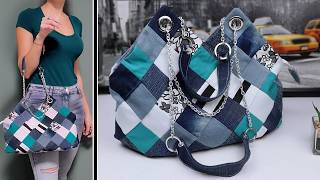 DIY ADORE PATCHWORK DENIM JEANS WOMAN BAG SEWING IDEA FROM SCRATCH [upl. by Llenoil]