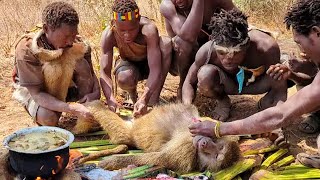 Hadzabe Tribe Hunting and Eating a BABOON for Lunch  Ancient Bushcraft Skills [upl. by Euqirat467]