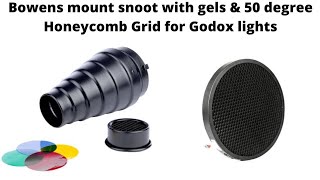 Bowens mount snoot color gels amp Honeycomb Grid for godox lights for fashion portraits product food [upl. by Lynnet]