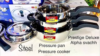 Prestige Deluxe Alpha Steel Pressure Pan Cookers  2L 3L 4L Wide Cookers  Steel Cooker Alpha base [upl. by Hermes]