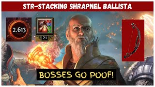 STRStacking Shrapnel Ballista Hierophant  20 Totems Deleting Bosses Full 316 Build Guide [upl. by Odnolor]