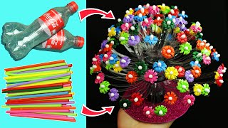 DIY recycle plastic bottles flower vase easy  straw flower vase crafts [upl. by Babbie]