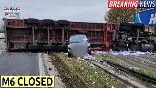 M6 crash Overturned lorry hits central reservation closing major route [upl. by Lamdin]