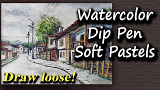 ASMR Watercolor Ink Pen Soft Pastels Loose drawing [upl. by Vivi]