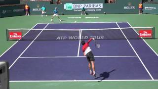 Milos Raonic slice serve to Novak Djokovic slomo BNP Indian Wells [upl. by Mariken]