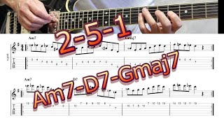 《 Guitar Exercise 199 》 Bebop Phrase 251 in the Key of G 【Tab ⇒ Description 概要欄】 Am7  D7  Gmaj7 [upl. by Nura410]