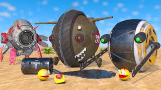 Pacman amp Hedge Trimmer Robot vs Circular Saw Tank and ChainSaw Qadruped Robot Monsters [upl. by Ilyak]