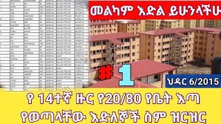 ቁ1 የ 14ተኛ ዙር 2080 የቤት እጣ የወጣላቸው እድለኞች ስም ዝርዝር [upl. by Benni]