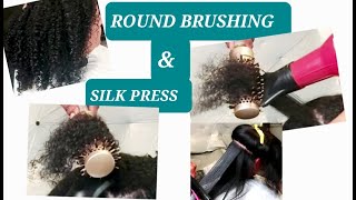 ROUND BRUSHING ON CURLY HAIR AND SILK PRESS saunisexhairtv shellyarellahairtv [upl. by Dorinda121]