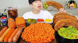 ASMR MUKBANG 직접 만든 대왕 소세지 까르보 불닭볶음면 핫도그 통삼겹 먹방 amp 레시피 FIRE NOODLES AND SAUSAGE EATING SOUND [upl. by Namso]