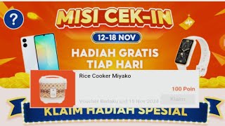 Misi Cekin shopee 1218 Novdapatkan Rice Cooker Miyako Cuma 100 koin [upl. by Seroled639]