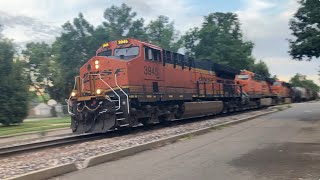 BNSF 3945 leads a tanker box and gain train at Atwood Street Longmont Colorado [upl. by Narra]