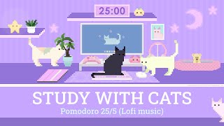 Study with Cats 💜 Pomodoro 255 x Animation  Focus 1 hour with Calm Lofi  Cute purple desk setup ♡ [upl. by Jacobina]