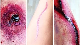 HALLOWEEN MAKE UP TUTORIAL ♡ 3 EASY FAKE WOUNDS ♡ SCAR SHOT SFX [upl. by Nylrahc]