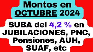 MONTOS a cobrar en OCTUBRE 2024 en JUBILACIONES PNC Pensiones AUH SUAF con la suba del 42 [upl. by Notnelc]