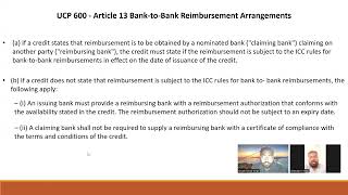 UCP 600 Article 13 BanktoBank Reimbursement Arrangements EXPLAINED IN ENGLISH CDCS UCP 600 LC [upl. by Nollad]