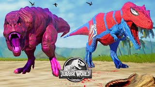 SPIDERMAN GINANOTOSAURUS VS MEGATRON VS SUPERMAN Dinosaurs Fight  Jurassic World Evolution [upl. by Annazor]