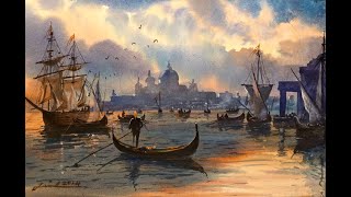 Watercolor painting tutorial  Sunset at the Venetian Harbor [upl. by Saxet]