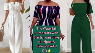 How to make an offshoulder jumpsuit with elastic waist line side pockets and no zipper👌 cutampSew [upl. by Nutter399]